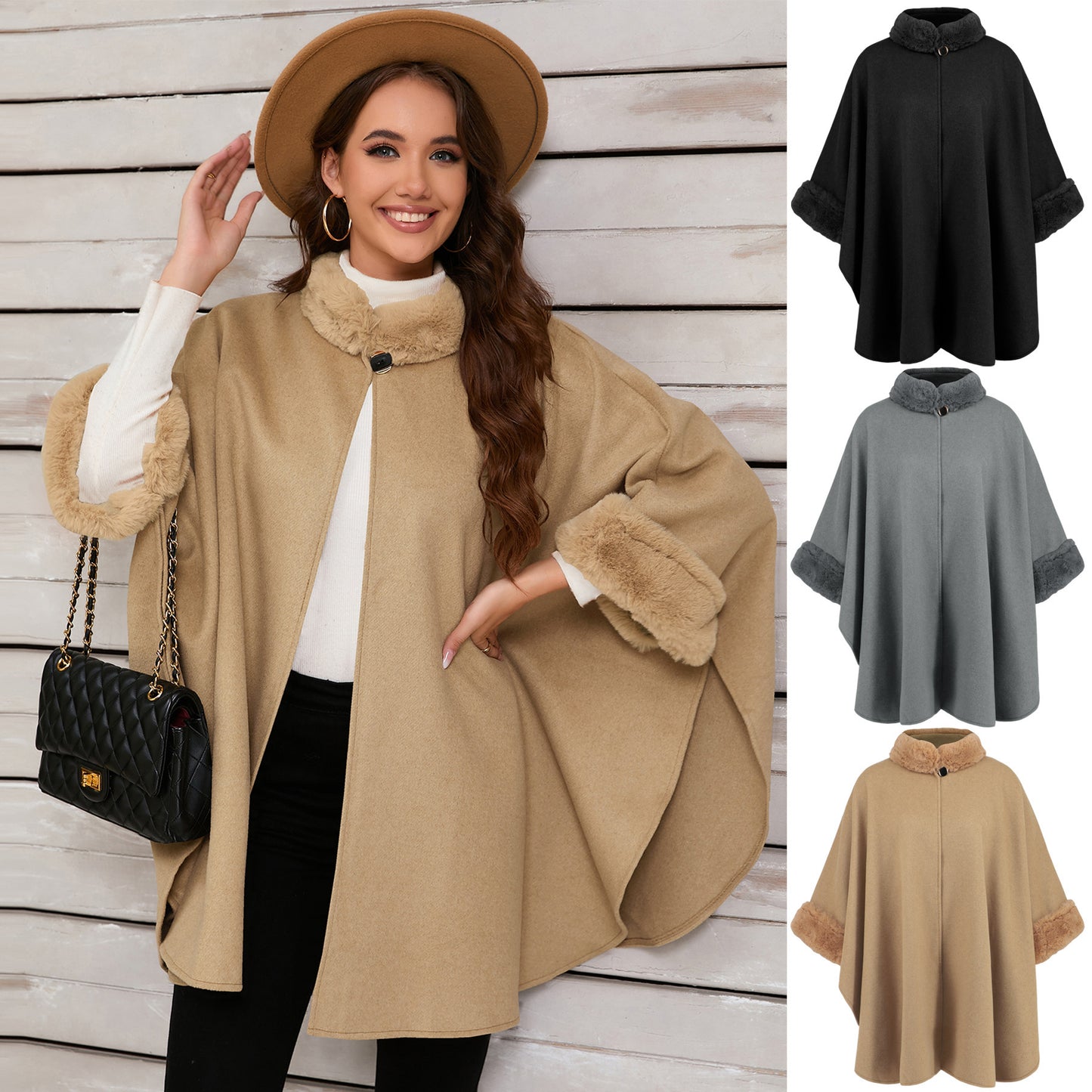 Manteau Cape mi-long élégant à col en fourrure