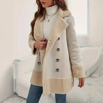 Manteau long en laine d'agneau abricot avec col et détails contrastés