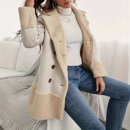 Manteau long en laine d'agneau abricot avec col et détails contrastés