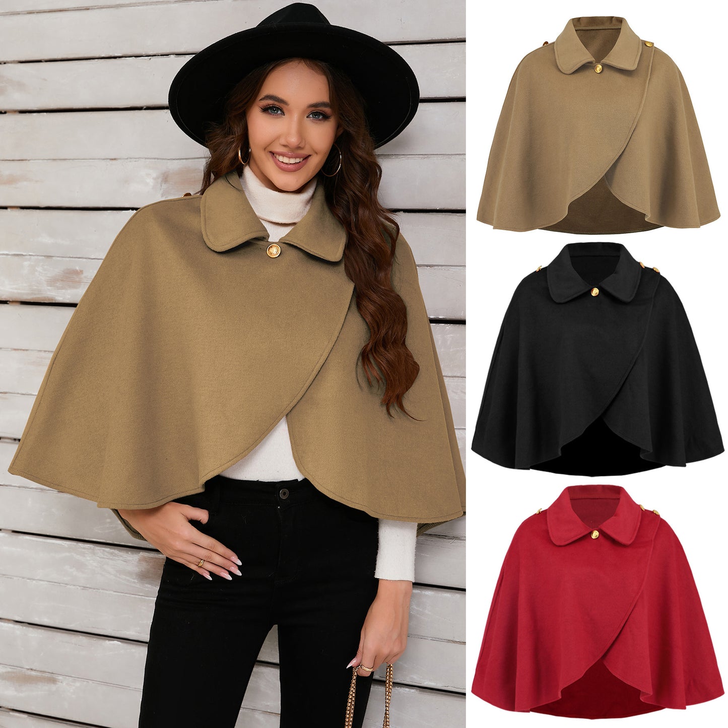 Manteau Cape en Laine Uni et Élégant